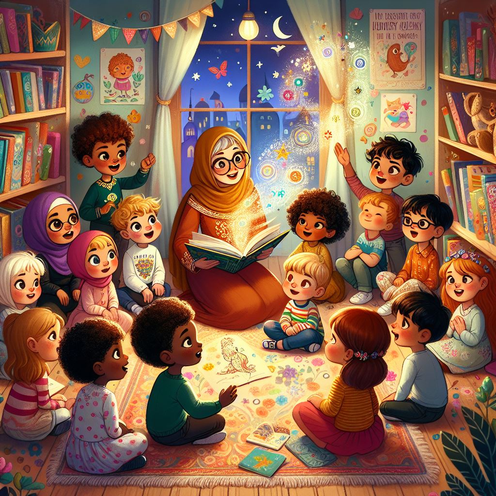 Designer An illustration showing an adult reading a story book with children, sharing rhymes with a message.