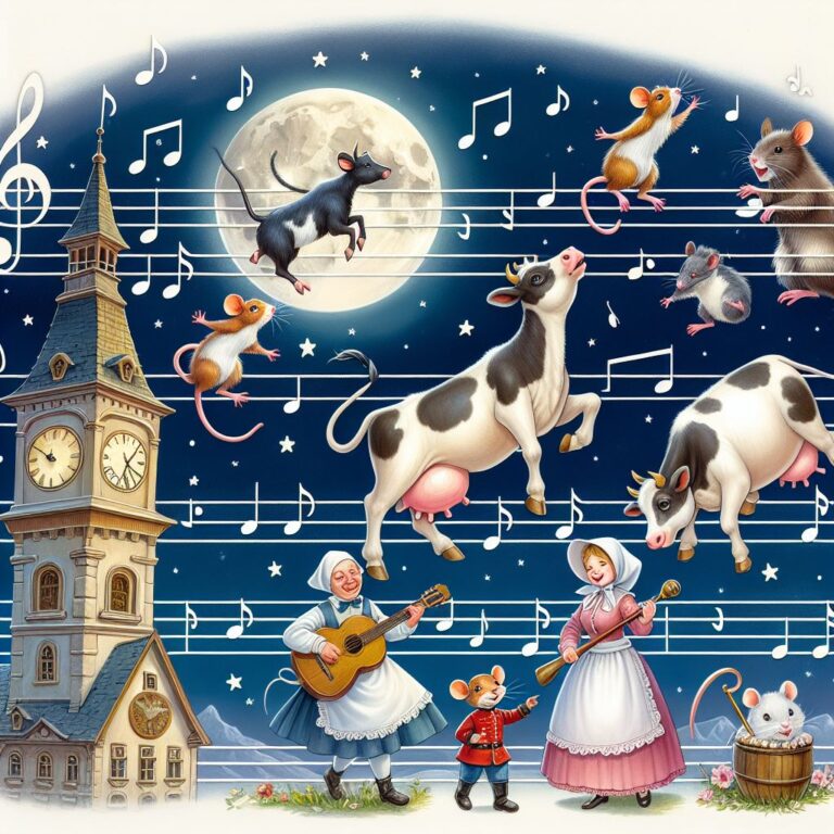 AI generated image showing a range of characters from nursery rhymes dancing in front of a page of musical notes.
