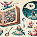 AI generated image showing a collection of scenes from well know nursery rhymes.