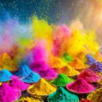Colourful dyes throwing bright dust clouds in the air
